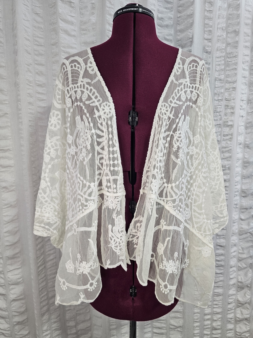 Ivory Boho Lace Kimono Cardigan Wrap Sheer Embroidered Open Front Batwing Sleeve